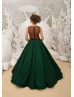 Two Pieces Beaded Dark Green Lace Satin Floor Length Flower Girl Dress